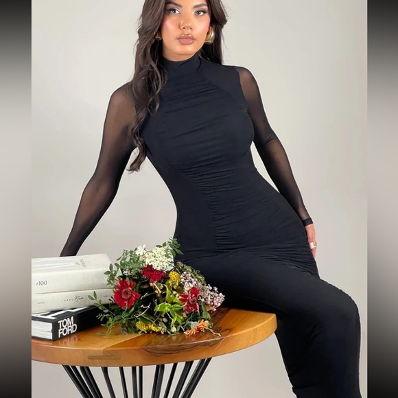 🎉 Captivating Elegant midi dress with mock neck and ruched mesh detailing - Picture 16 of 16